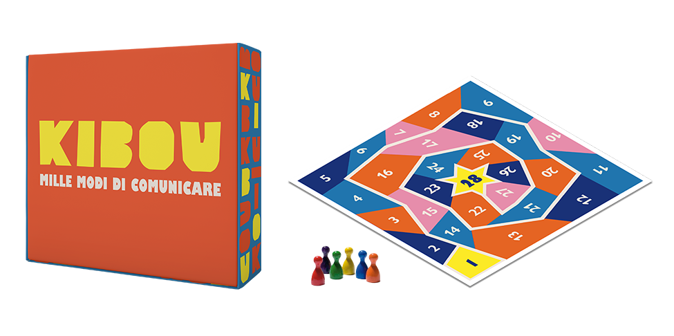 Mockup della scatola, delle pedine e del tabellone del gioco Kibou
